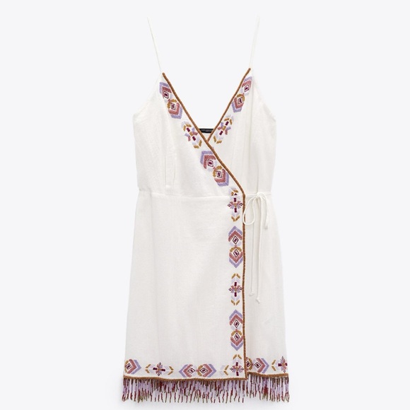 ZARA WHITE EMBROIDERY THIN STRAPS MINI WRAP DRESS WITH FRINGING BEADS - Picture 2 of 2